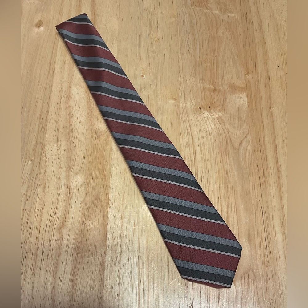 Boy’s Michael James Tie. Burgundy, Grey, Silver Stripes.